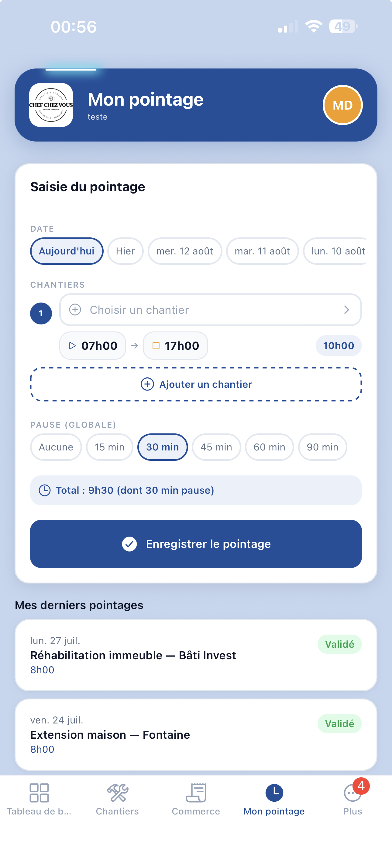 Saisie de pointage sur l'application mobile Kali-Track